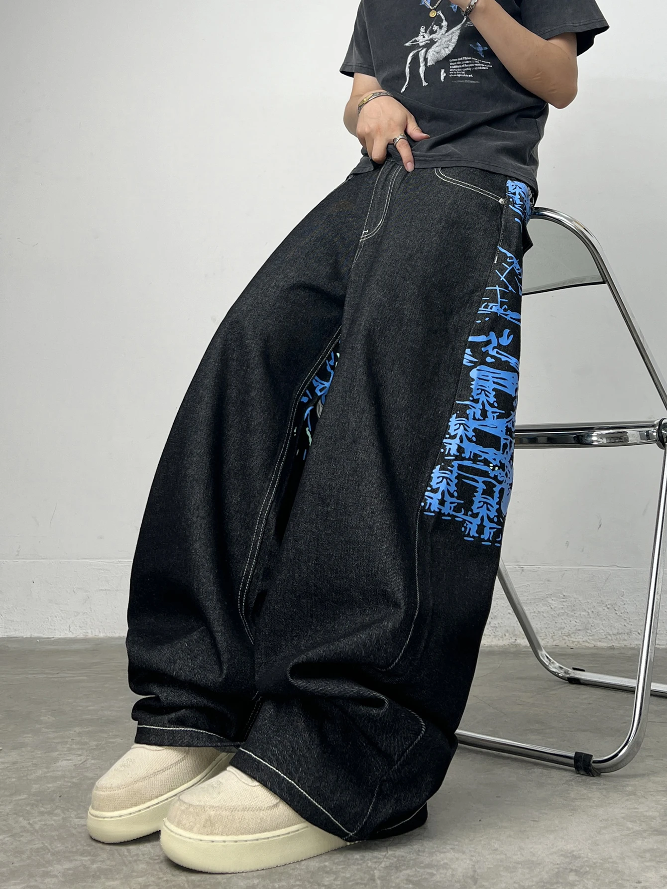 American Street-Style Graffiti Print Embroidered Black Baggy Jeans Men Y2K Trendy Wide-Leg Straight Pants