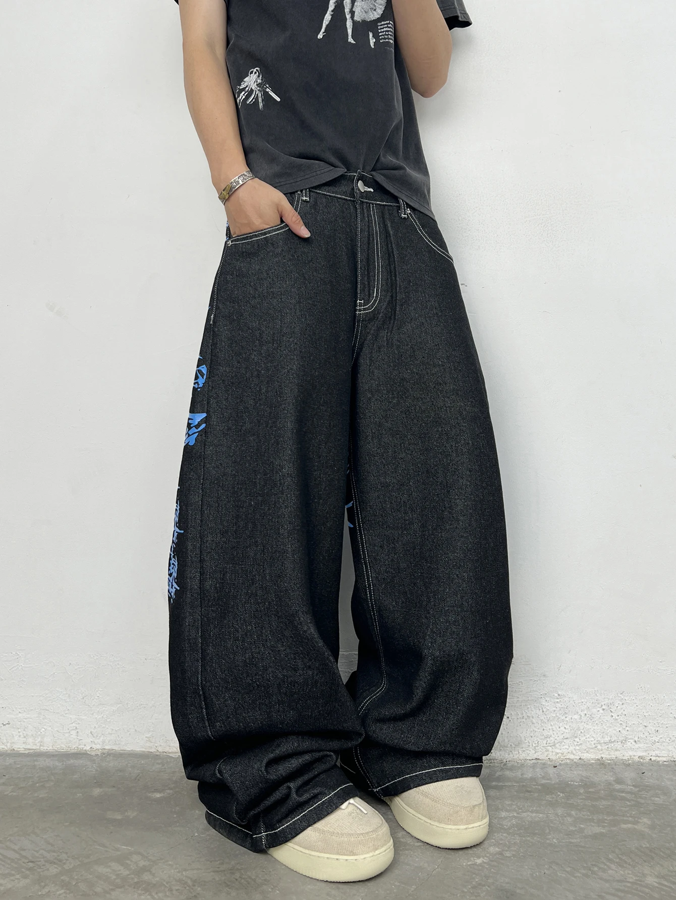 American Street-Style Graffiti Print Embroidered Black Baggy Jeans Men Y2K Trendy Wide-Leg Straight Pants