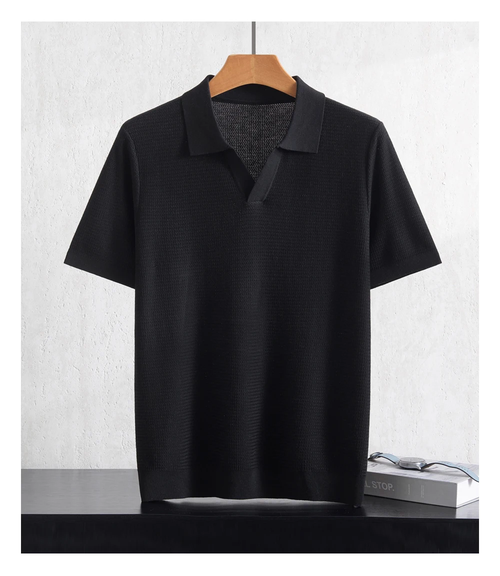Summer New Men's 100% Lyocell POLO Collar Solid Color T-Shirt Knit Pullover Bussiness Casual Short-sleeved Jumper Thin Tops Tees