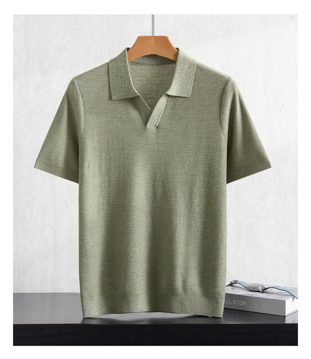 Summer New Men's 100% Lyocell POLO Collar Solid Color T-Shirt Knit Pullover Bussiness Casual Short-sleeved Jumper Thin Tops Tees