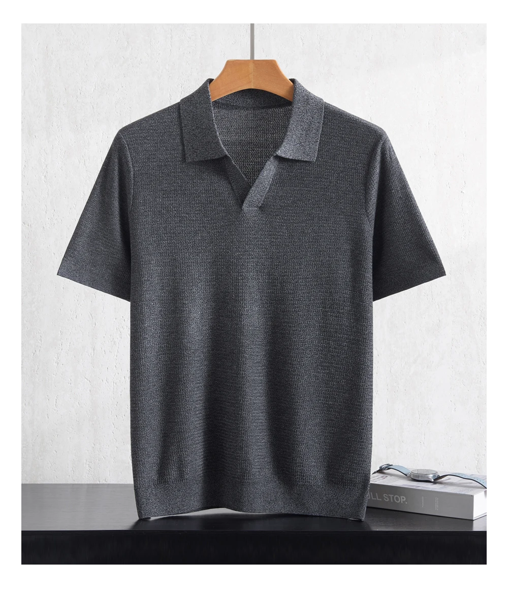 Summer New Men's 100% Lyocell POLO Collar Solid Color T-Shirt Knit Pullover Bussiness Casual Short-sleeved Jumper Thin Tops Tees