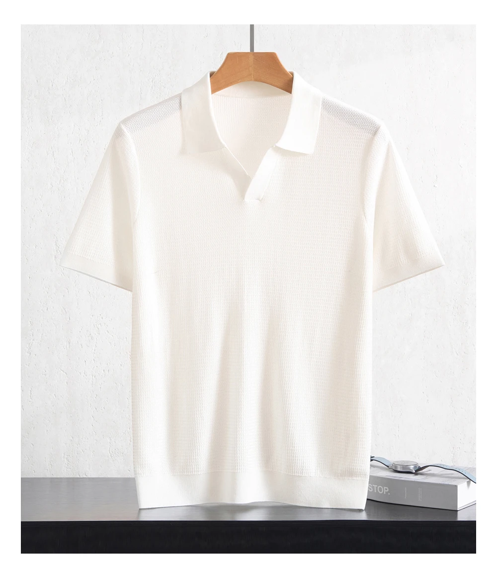 Summer New Men's 100% Lyocell POLO Collar Solid Color T-Shirt Knit Pullover Bussiness Casual Short-sleeved Jumper Thin Tops Tees