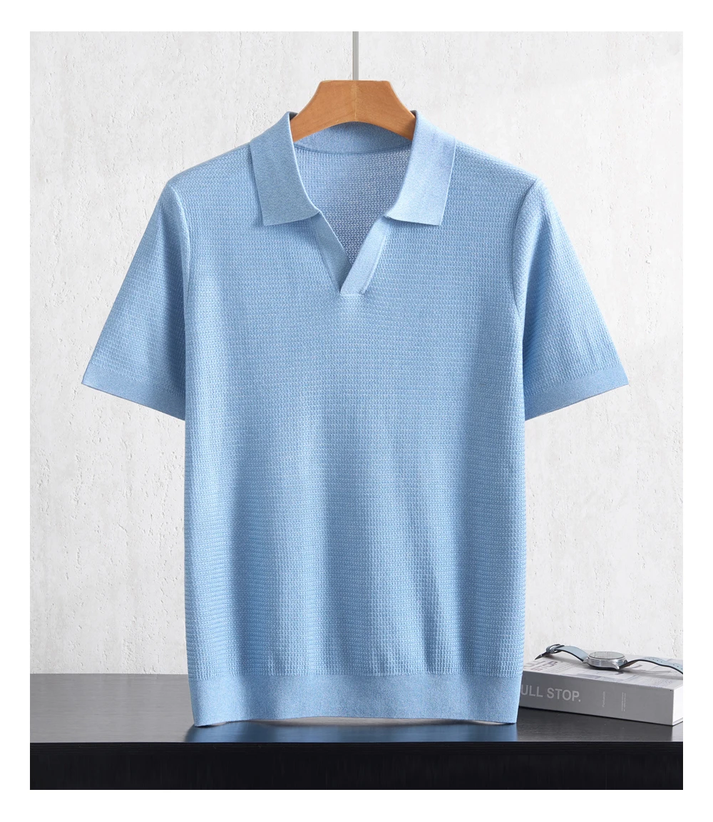 Summer New Men's 100% Lyocell POLO Collar Solid Color T-Shirt Knit Pullover Bussiness Casual Short-sleeved Jumper Thin Tops Tees
