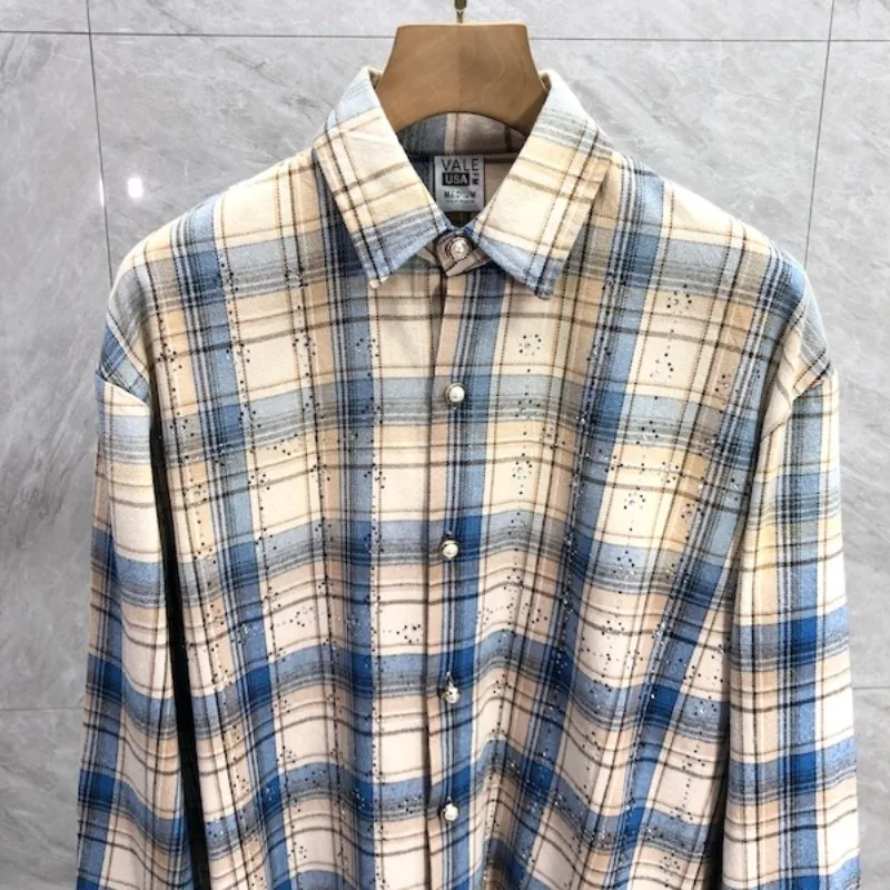 Starry Sky Hot Diamond Logo Checkered Long-sleeved Shirts High Street Casual Men's Women's Shirt Streetwear
