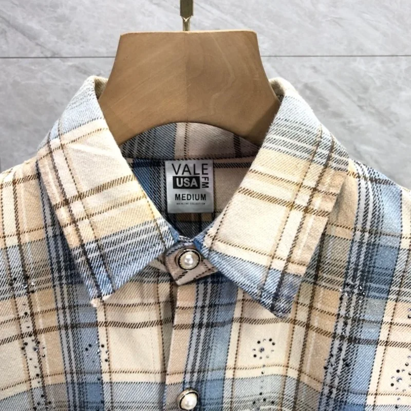 Starry Sky Hot Diamond Logo Checkered Long-sleeved Shirts High Street Casual Men's Women's Shirt Streetwear