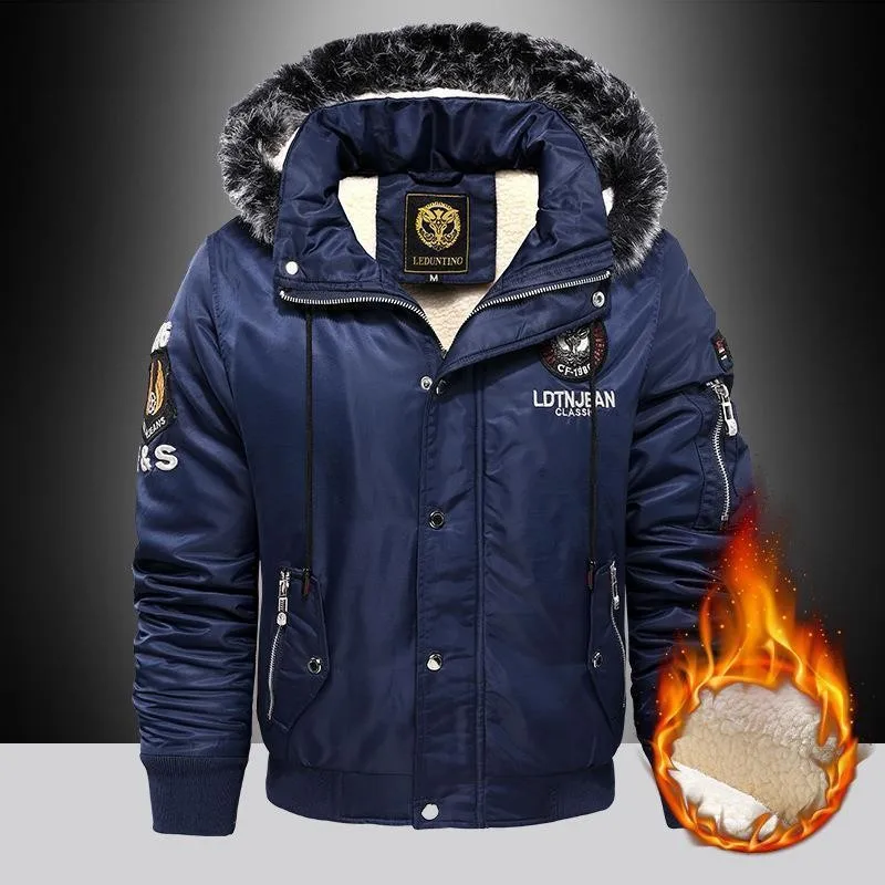 Winter Men's Hooded Faux Fur Trimmed Pilot Jacket Winter Windproof Warm Fleece-Lined Parka Jackets Men Thickened Workwear Coat
