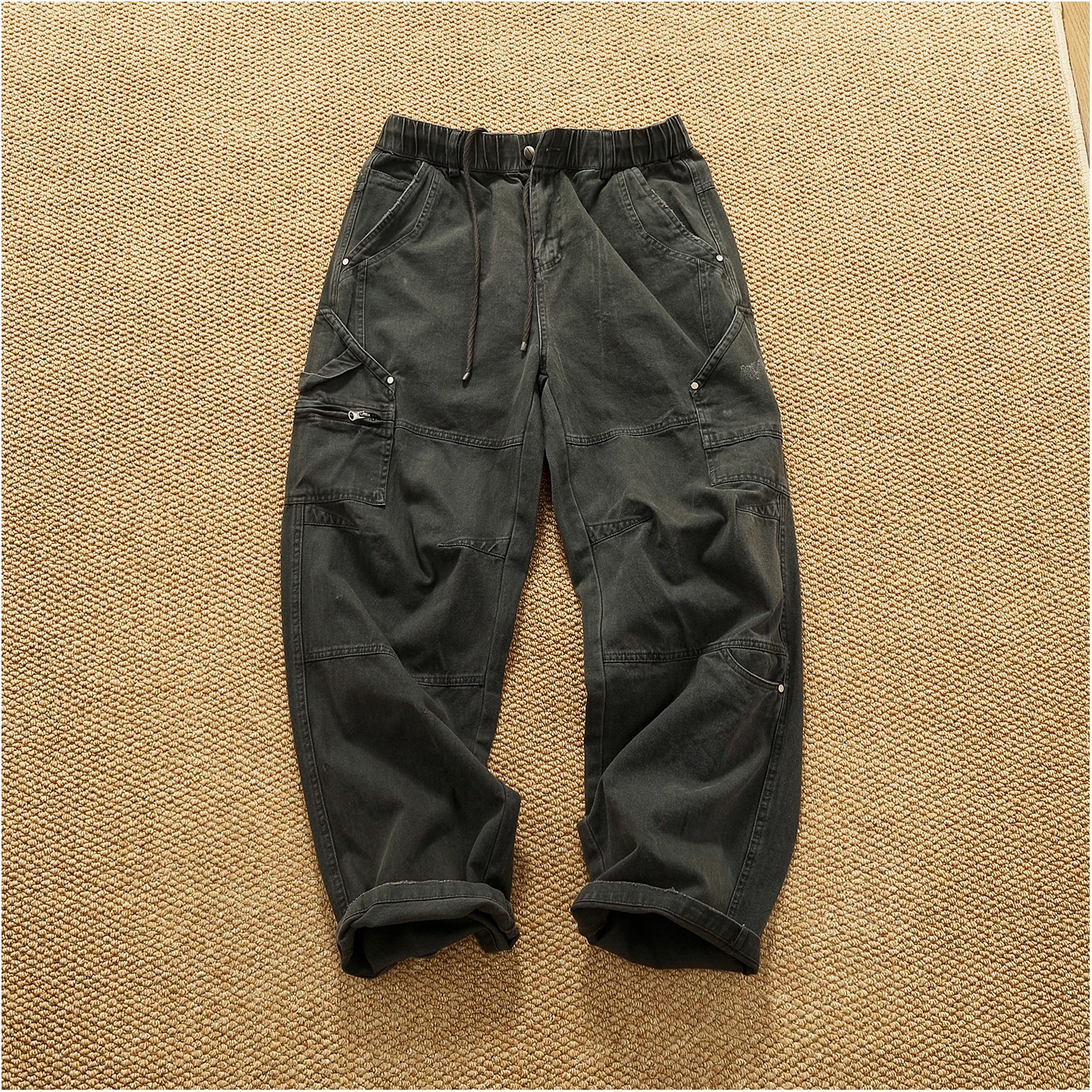 Retro heavy industry washing heavy splicing work pants for men's autumn and winter loose straight conical woodcut trousers