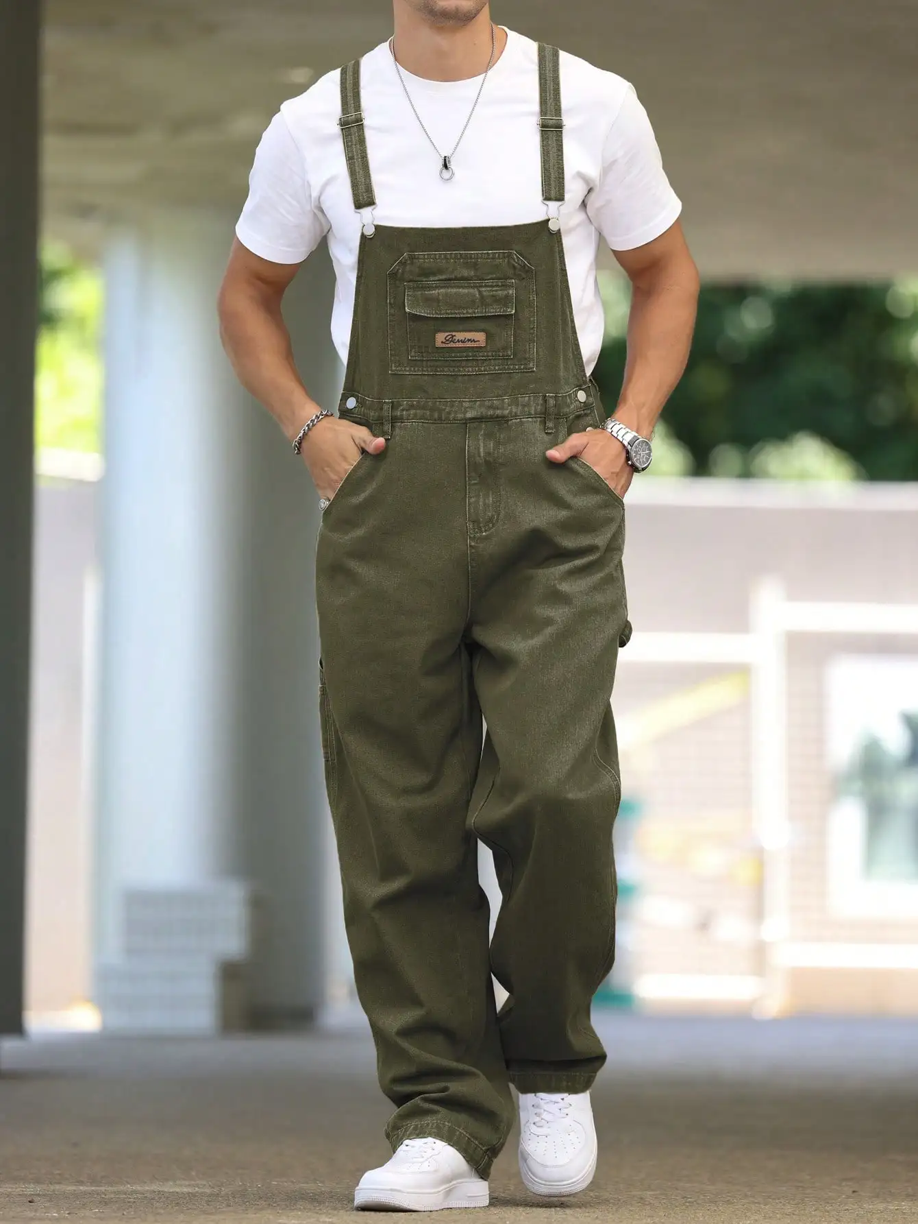 Men's Four - Season Green Denim Overalls, Loose Straight - Leg, Casual Style, American Retro Trend