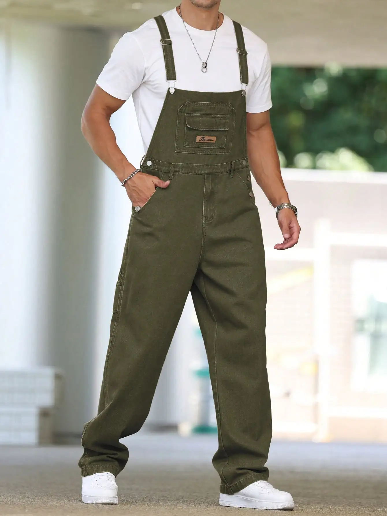 Men's Four - Season Green Denim Overalls, Loose Straight - Leg, Casual Style, American Retro Trend