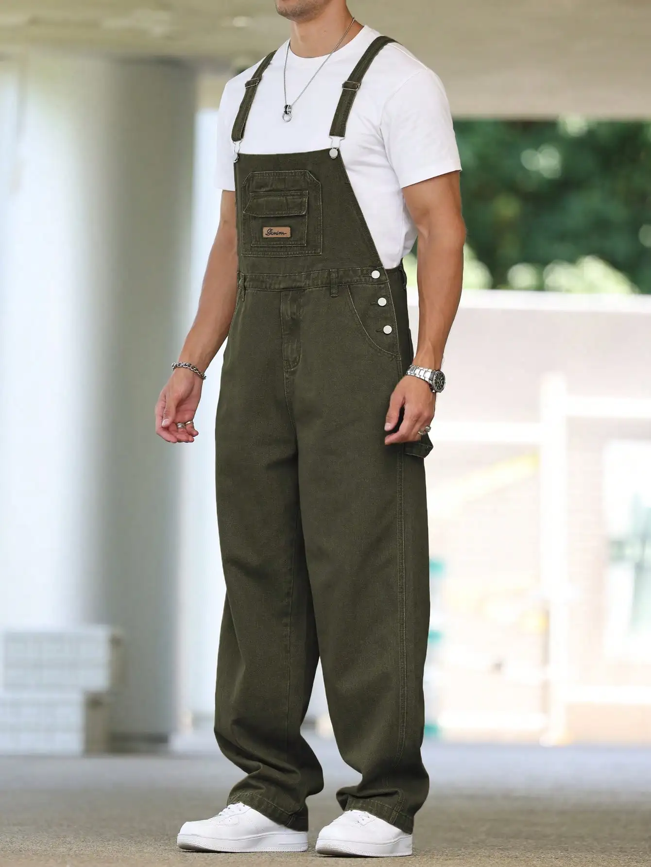Men's Four - Season Green Denim Overalls, Loose Straight - Leg, Casual Style, American Retro Trend
