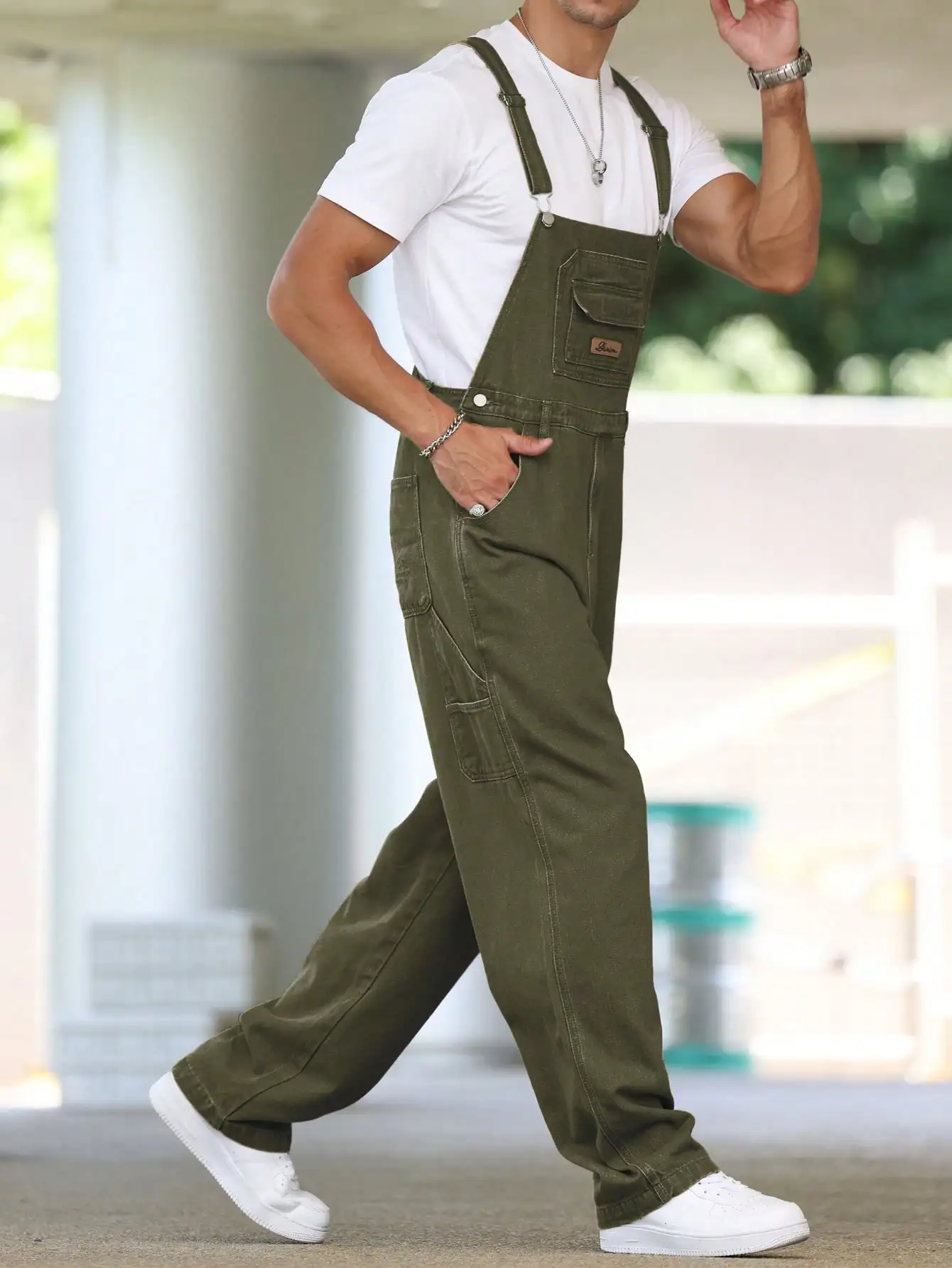 Men's Four - Season Green Denim Overalls, Loose Straight - Leg, Casual Style, American Retro Trend