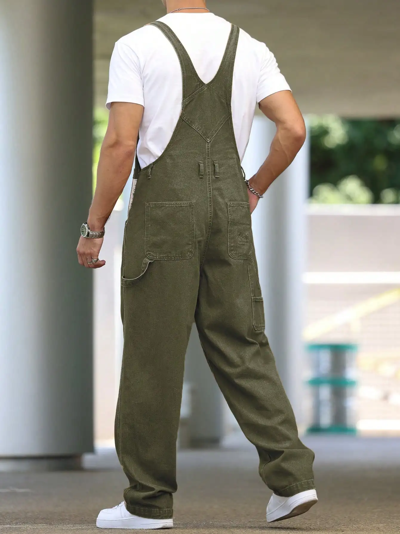 Men's Four - Season Green Denim Overalls, Loose Straight - Leg, Casual Style, American Retro Trend