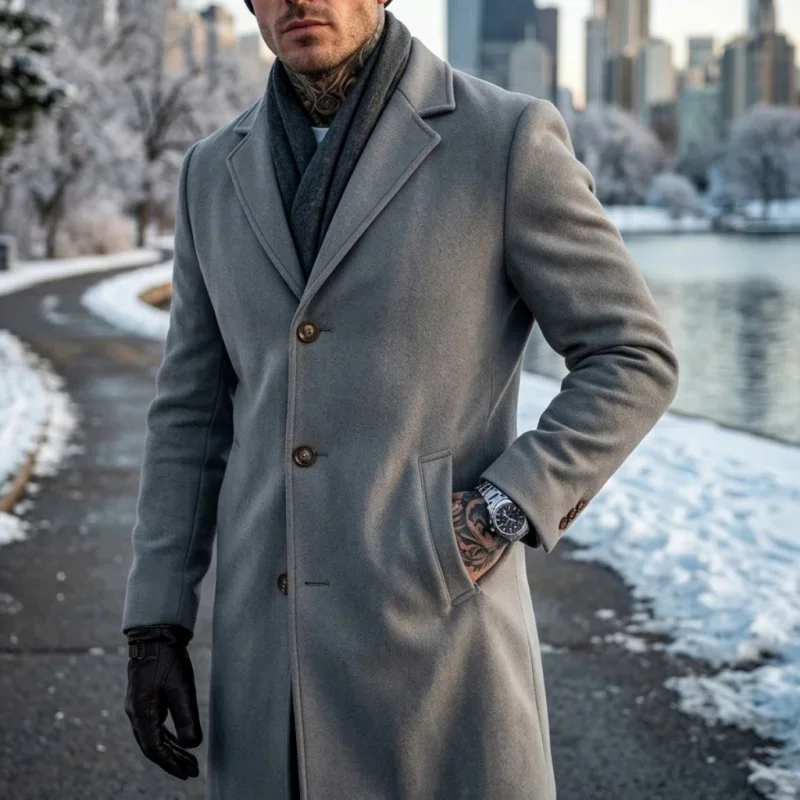 New Winter Men's Long Blended Coat with Single-Button Closure Business-Casual Jacket Men Street-Ready Suit-Style Outerwear