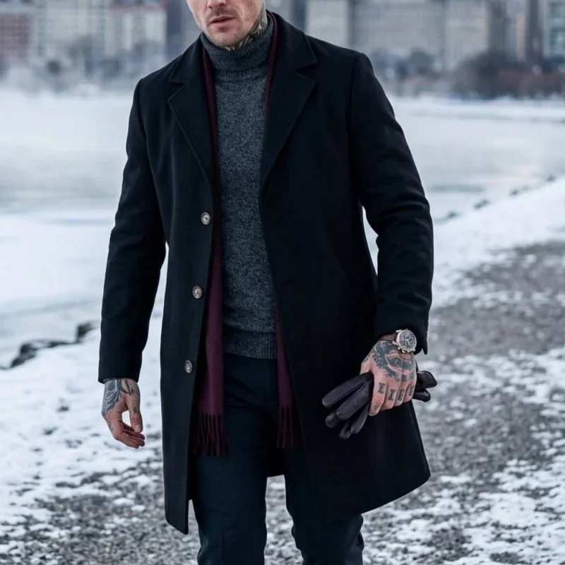 New Winter Men's Long Blended Coat with Single-Button Closure Business-Casual Jacket Men Street-Ready Suit-Style Outerwear