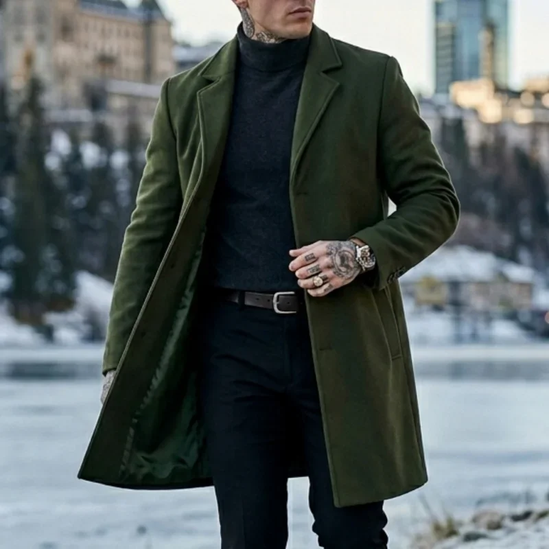 New Winter Men's Long Blended Coat with Single-Button Closure Business-Casual Jacket Men Street-Ready Suit-Style Outerwear
