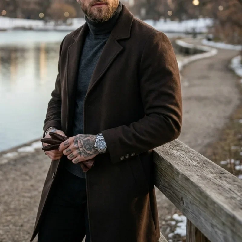 New Winter Men's Long Blended Coat with Single-Button Closure Business-Casual Jacket Men Street-Ready Suit-Style Outerwear