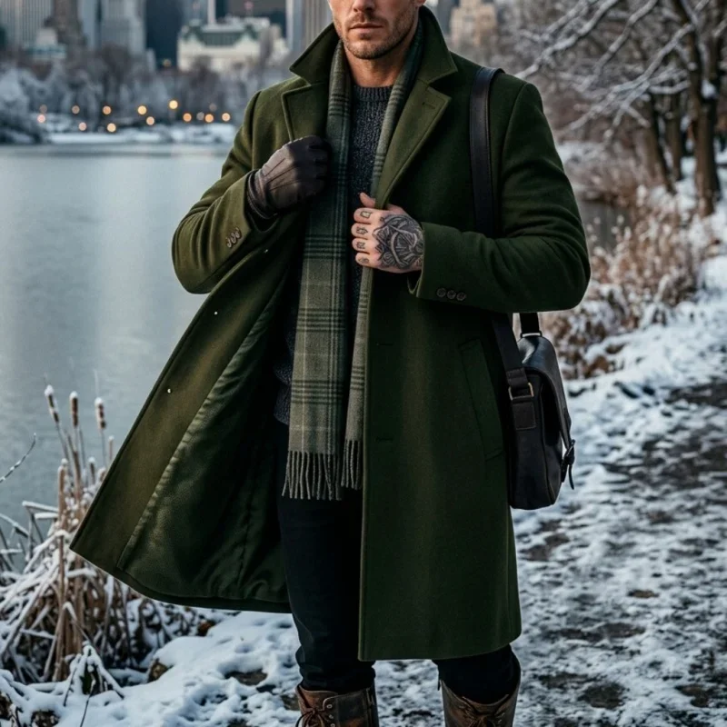 New Winter Men's Long Blended Coat with Single-Button Closure Business-Casual Jacket Men Street-Ready Suit-Style Outerwear