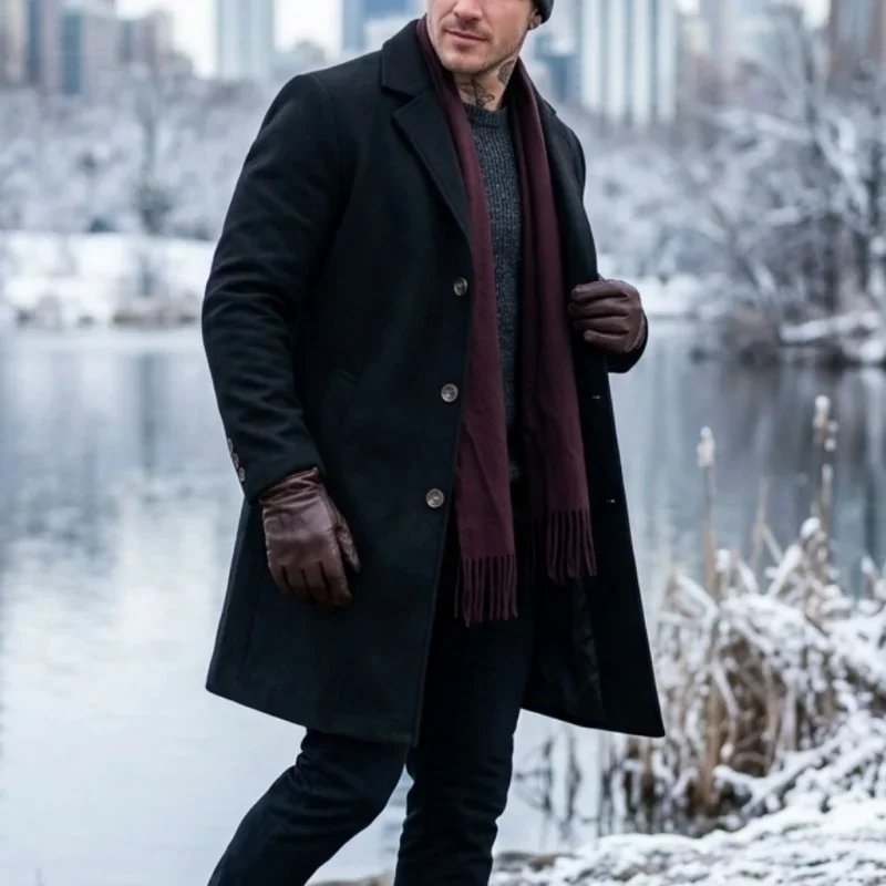 New Winter Men's Long Blended Coat with Single-Button Closure Business-Casual Jacket Men Street-Ready Suit-Style Outerwear