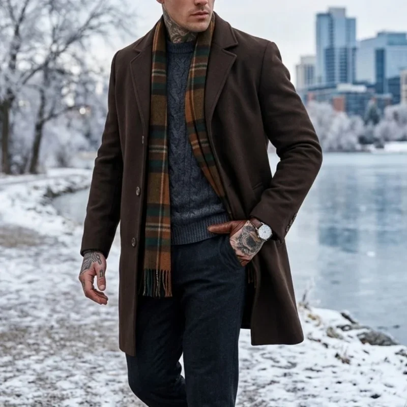 New Winter Men's Long Blended Coat with Single-Button Closure Business-Casual Jacket Men Street-Ready Suit-Style Outerwear