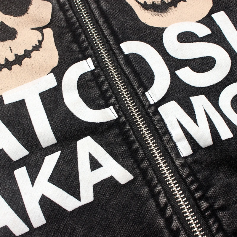 Asian Code Hiphop Street Distressed Washed Worn SATOSHI Zip-up Hoodie Flame Skeleton Vintage Faded Print Jacket Men Women Outfit