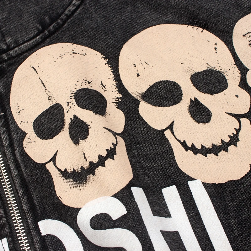 Asian Code Hiphop Street Distressed Washed Worn SATOSHI Zip-up Hoodie Flame Skeleton Vintage Faded Print Jacket Men Women Outfit