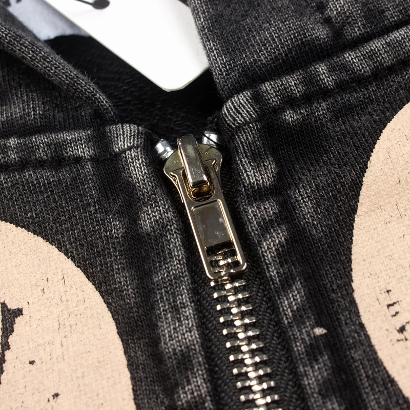Asian Code Hiphop Street Distressed Washed Worn SATOSHI Zip-up Hoodie Flame Skeleton Vintage Faded Print Jacket Men Women Outfit