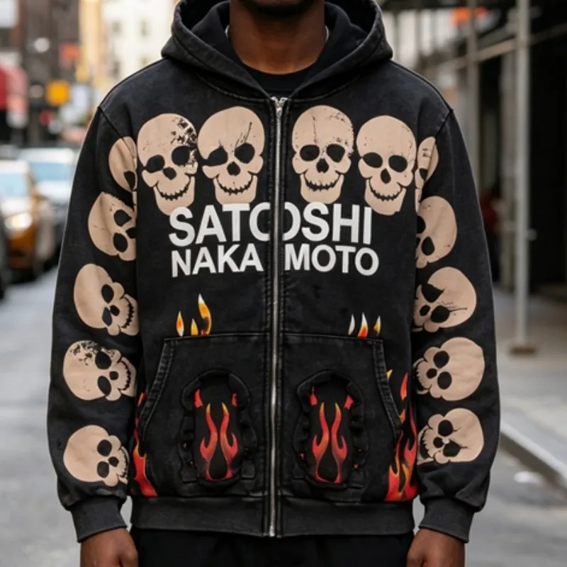 Asian Code Hiphop Street Distressed Washed Worn SATOSHI Zip-up Hoodie Flame Skeleton Vintage Faded Print Jacket Men Women Outfit