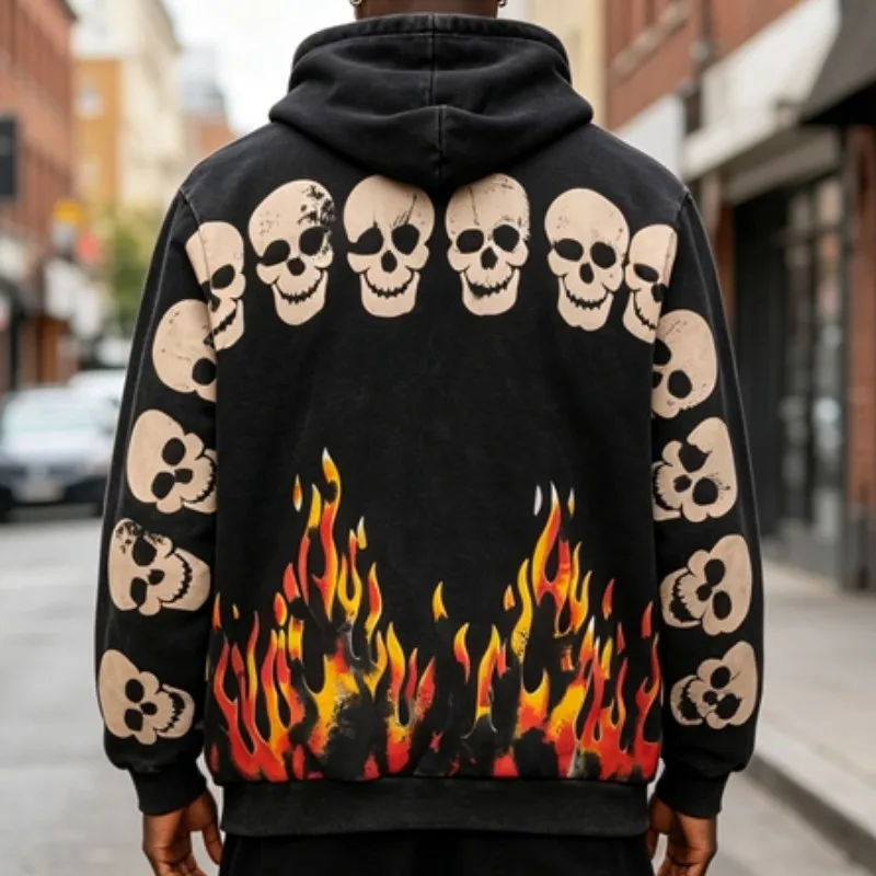 Asian Code Hiphop Street Distressed Washed Worn SATOSHI Zip-up Hoodie Flame Skeleton Vintage Faded Print Jacket Men Women Outfit