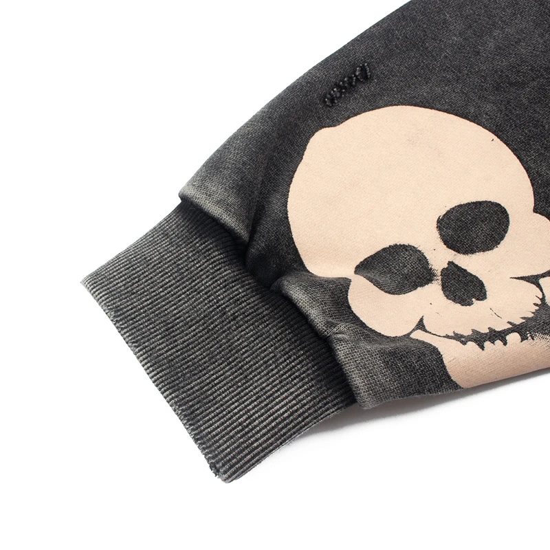 Asian Code Hiphop Street Distressed Washed Worn SATOSHI Zip-up Hoodie Flame Skeleton Vintage Faded Print Jacket Men Women Outfit