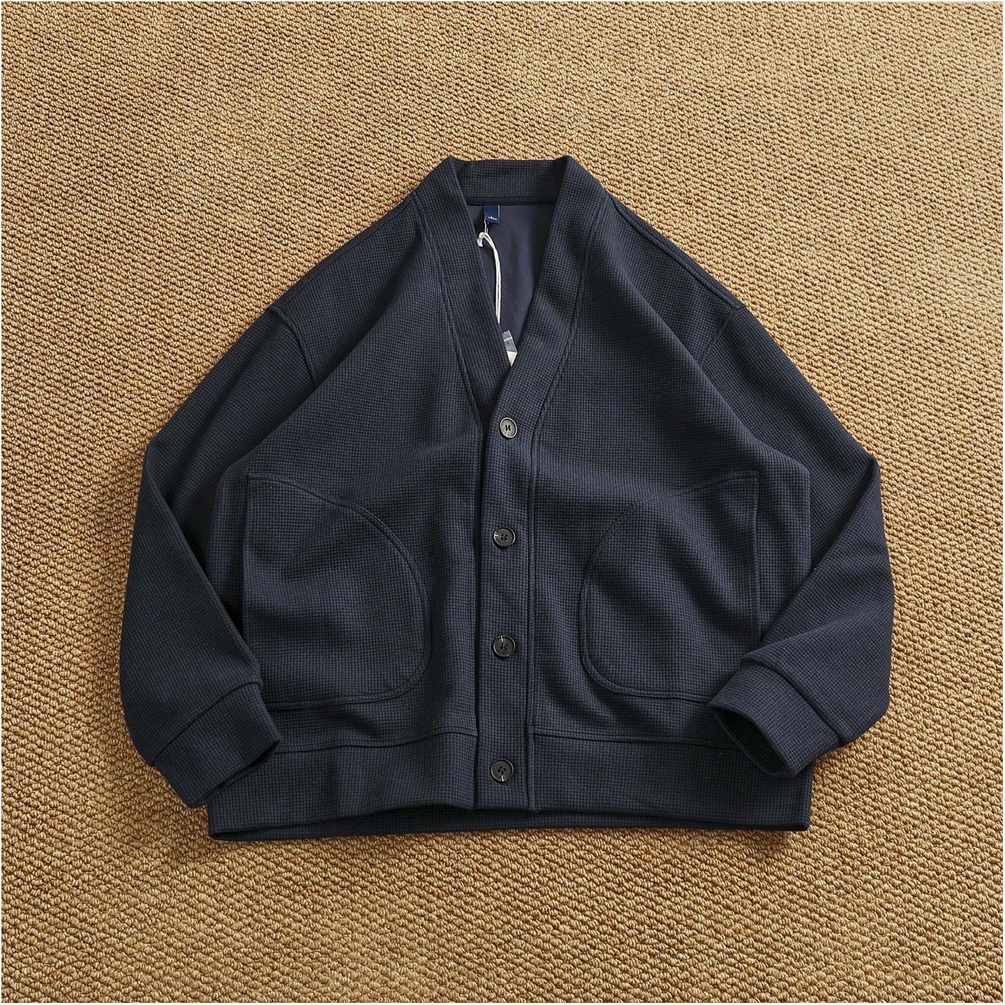 Retro cardigan jacket men's tops heavyweight thick textured V-neck knitted collarless sweatshirt