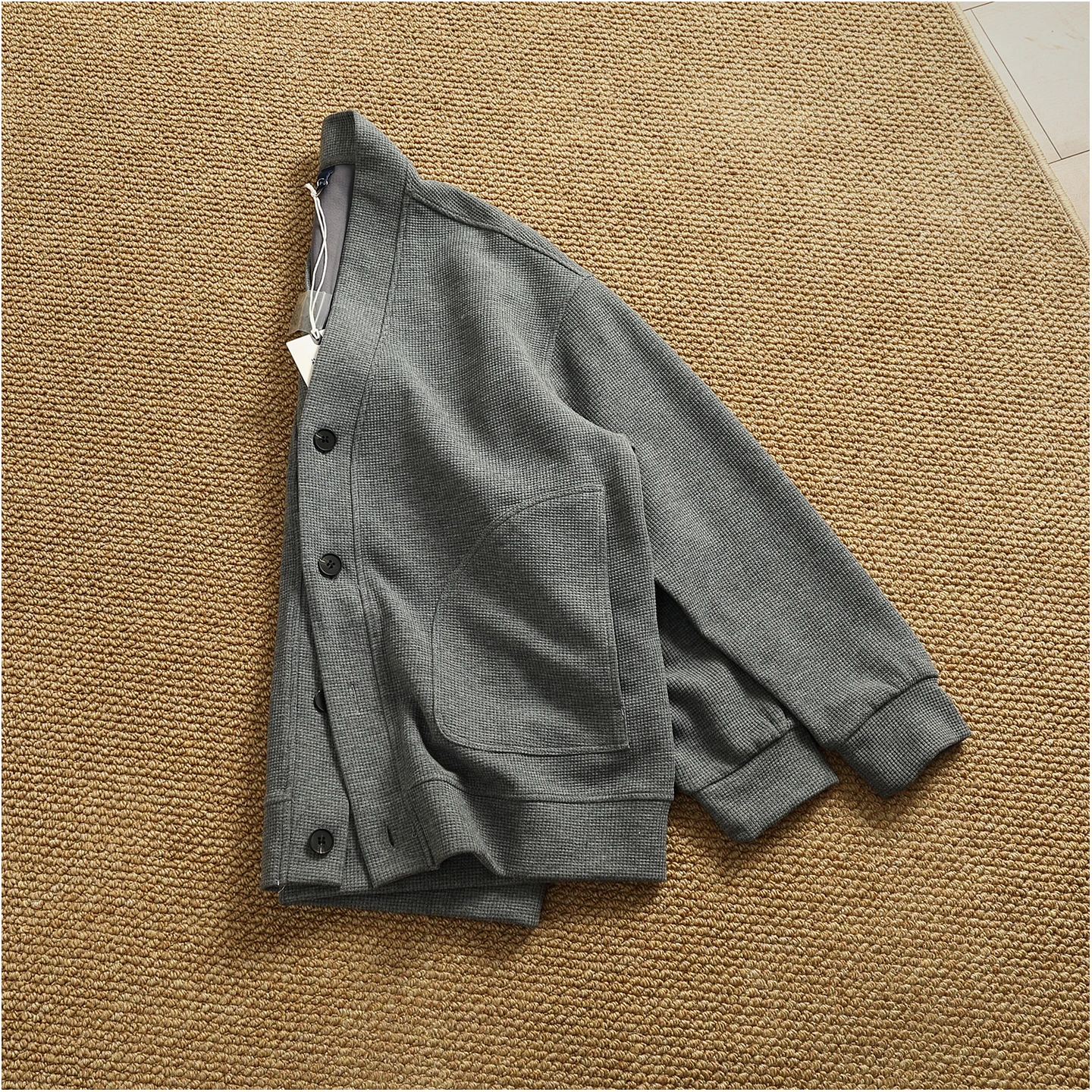 Retro cardigan jacket men's tops heavyweight thick textured V-neck knitted collarless sweatshirt