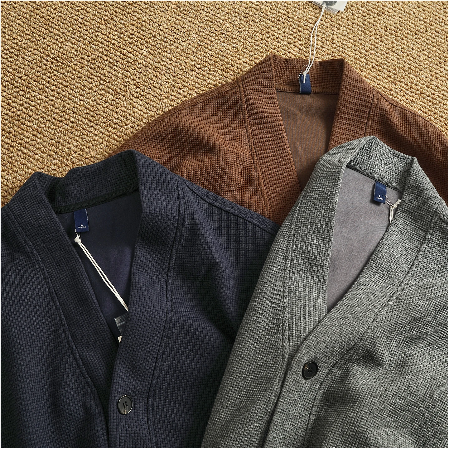 Retro cardigan jacket men's tops heavyweight thick textured V-neck knitted collarless sweatshirt