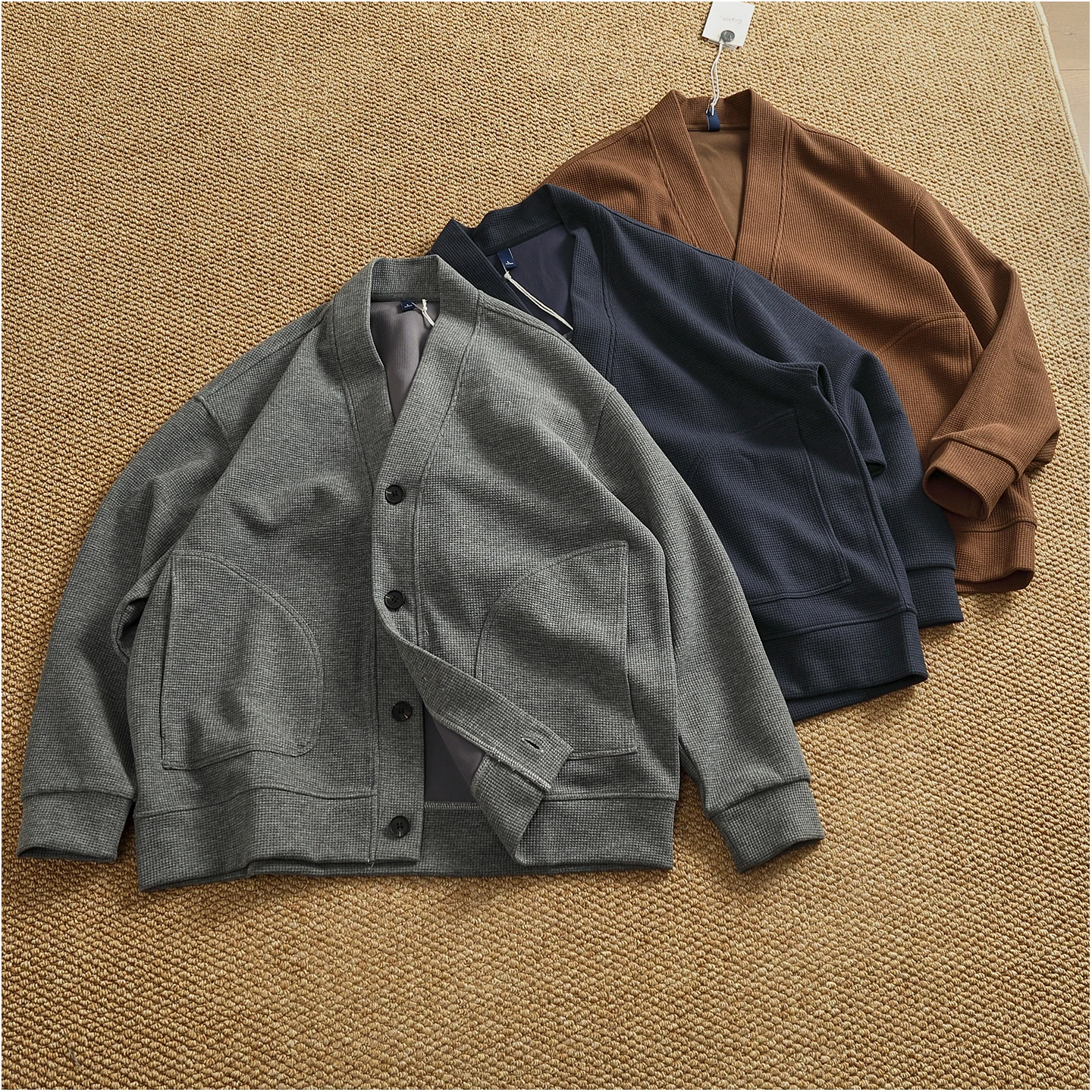 Retro cardigan jacket men's tops heavyweight thick textured V-neck knitted collarless sweatshirt