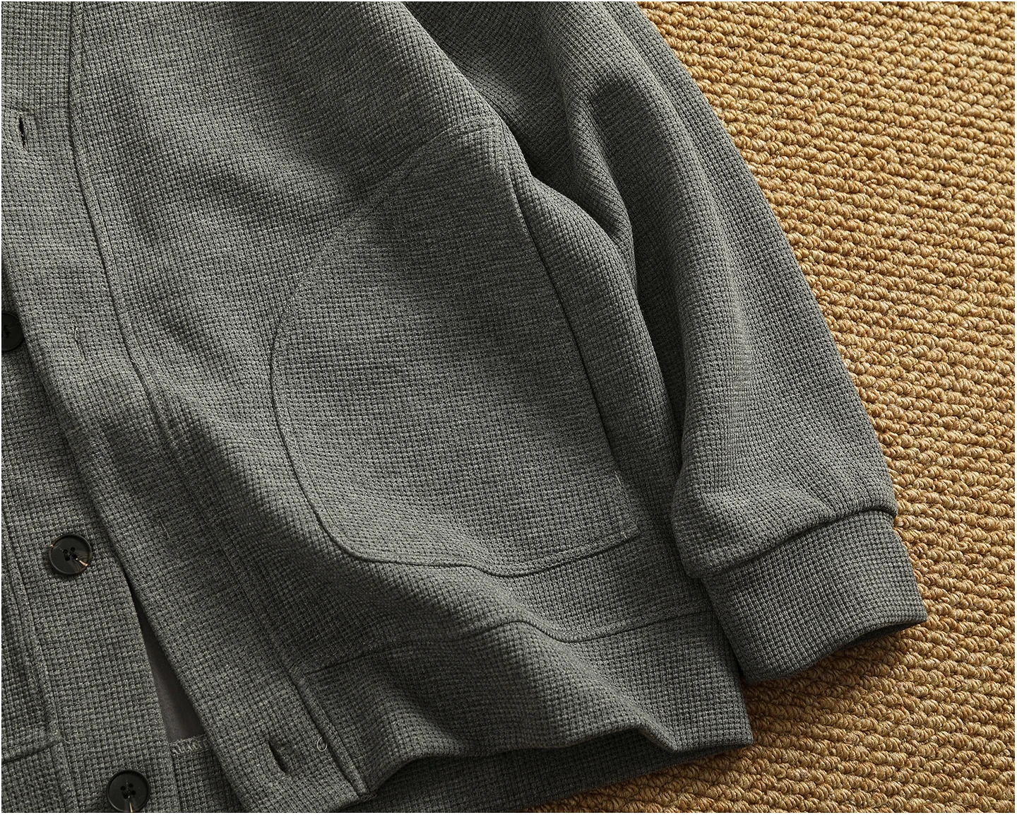 Retro cardigan jacket men's tops heavyweight thick textured V-neck knitted collarless sweatshirt