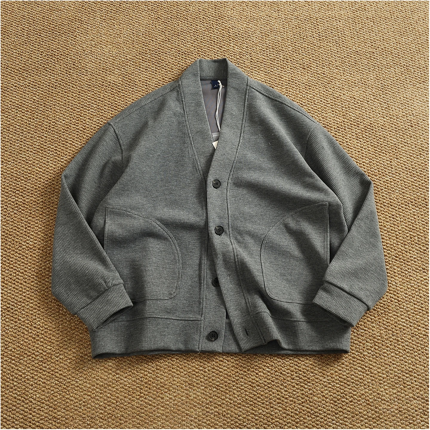 Retro cardigan jacket men's tops heavyweight thick textured V-neck knitted collarless sweatshirt