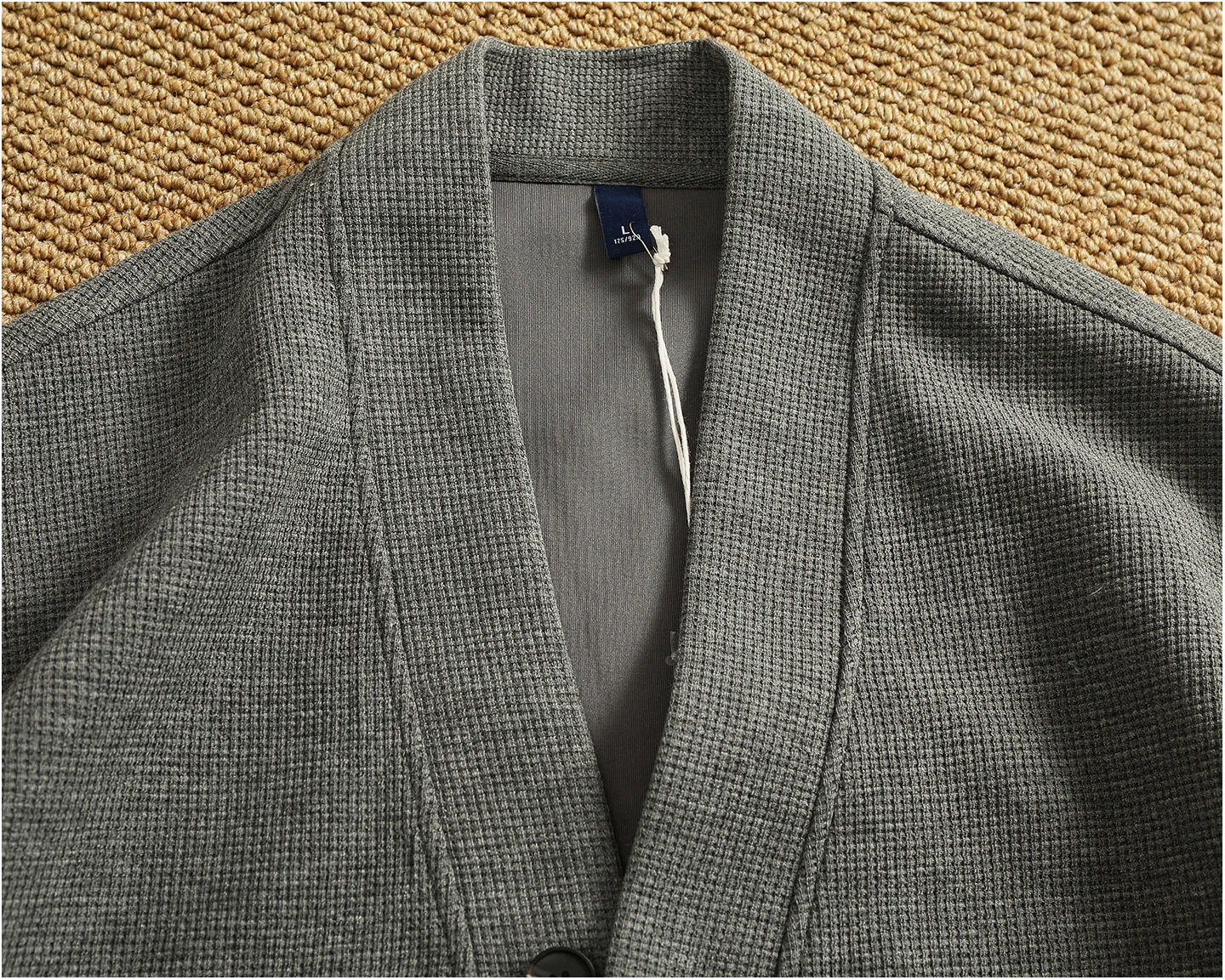 Retro cardigan jacket men's tops heavyweight thick textured V-neck knitted collarless sweatshirt