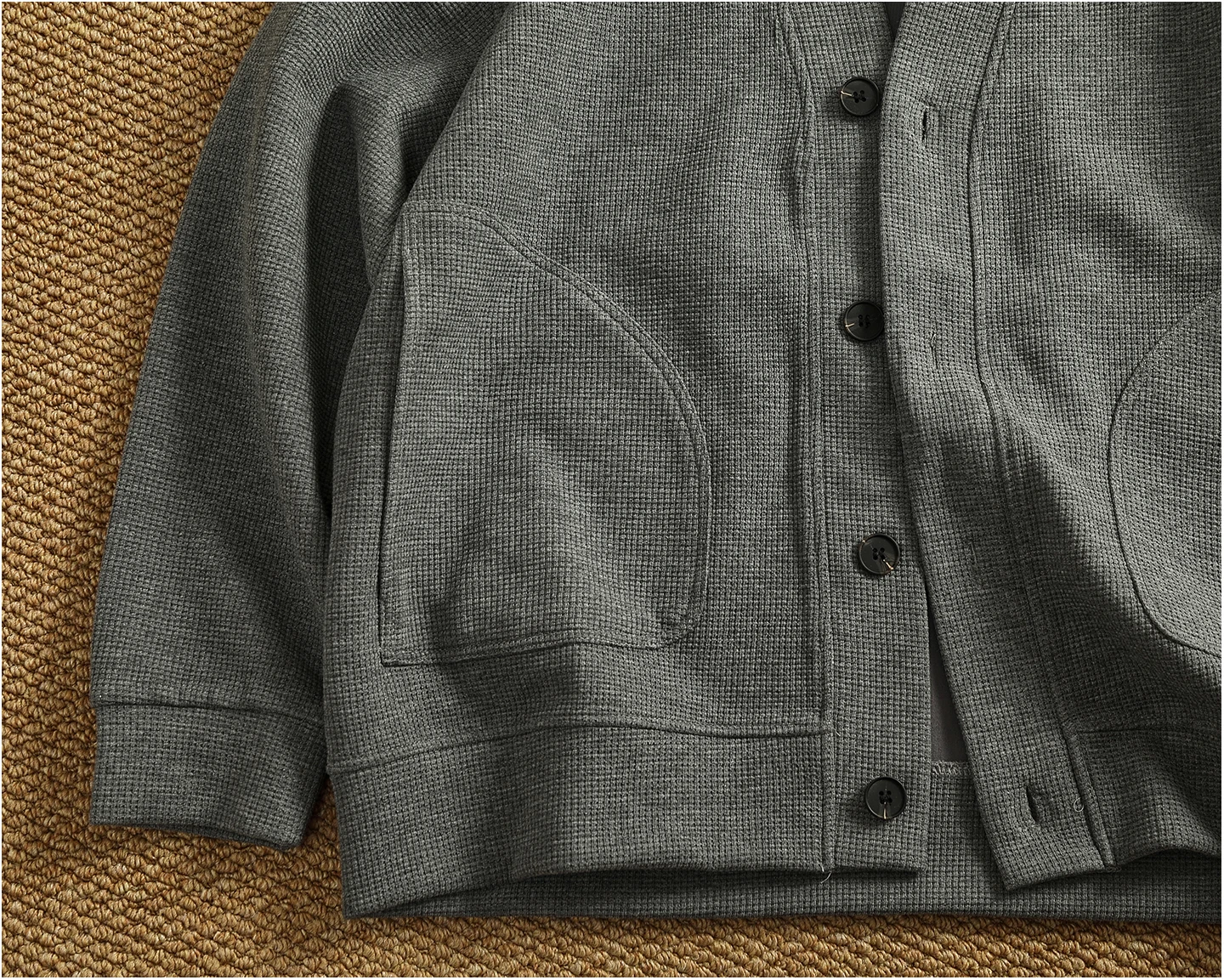 Retro cardigan jacket men's tops heavyweight thick textured V-neck knitted collarless sweatshirt
