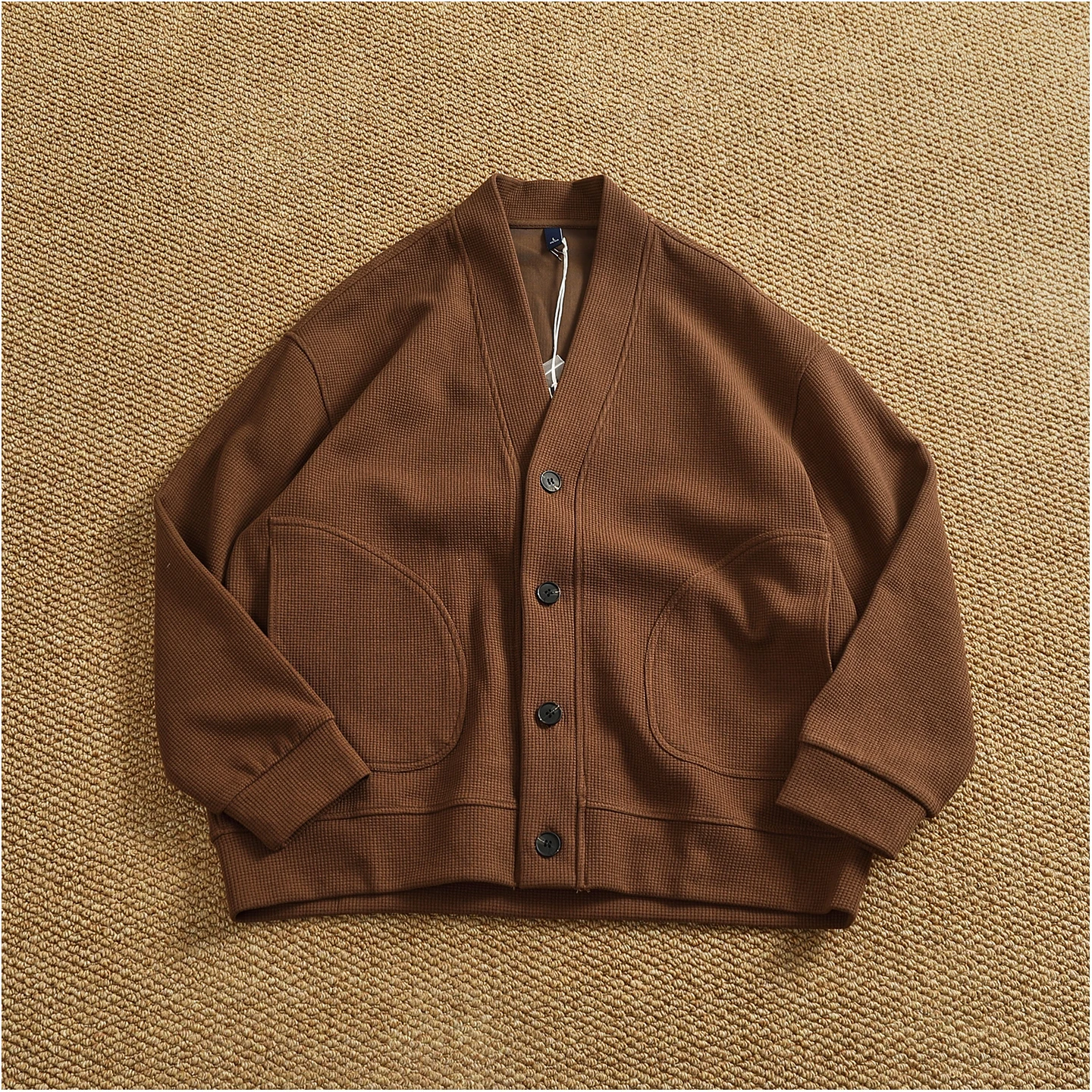 Retro cardigan jacket men's tops heavyweight thick textured V-neck knitted collarless sweatshirt