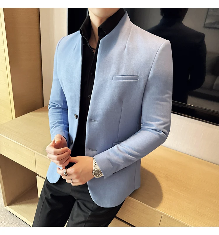 Waffle New Chinese Stand-Up Collar Suit Coats Men Slim Fit Business Casual Fashion Suits Jacket Formal Social Prom Party Tuxedos