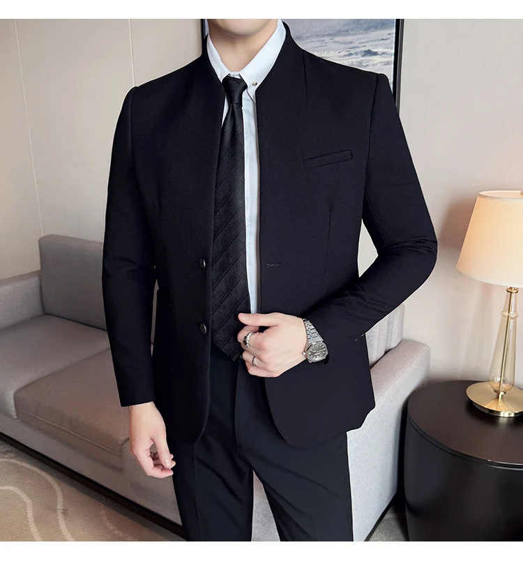 Waffle New Chinese Stand-Up Collar Suit Coats Men Slim Fit Business Casual Fashion Suits Jacket Formal Social Prom Party Tuxedos
