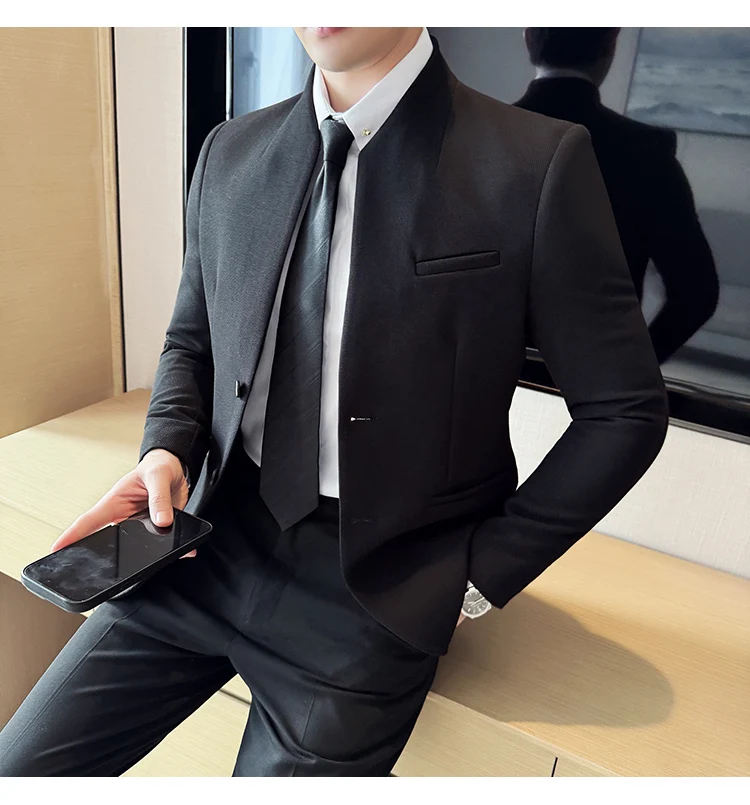Waffle New Chinese Stand-Up Collar Suit Coats Men Slim Fit Business Casual Fashion Suits Jacket Formal Social Prom Party Tuxedos