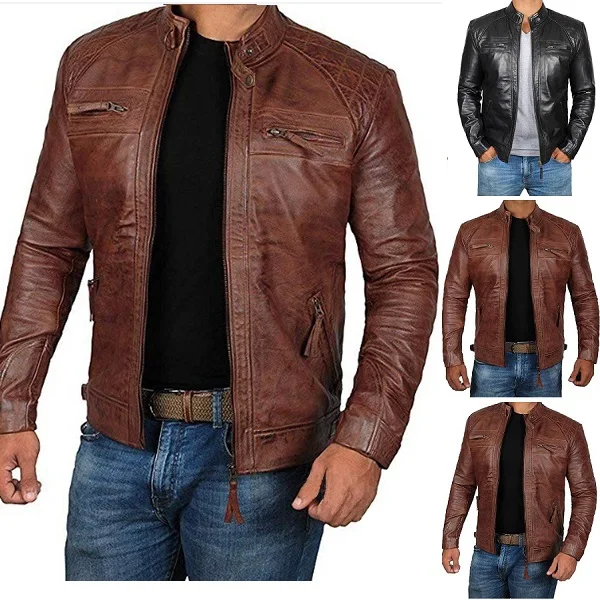 2024 New Spring and Autumn Men's Fashion Handsome Leather Coat Stand Collar Punk Motorcycle Leather Jacket Faux Leather