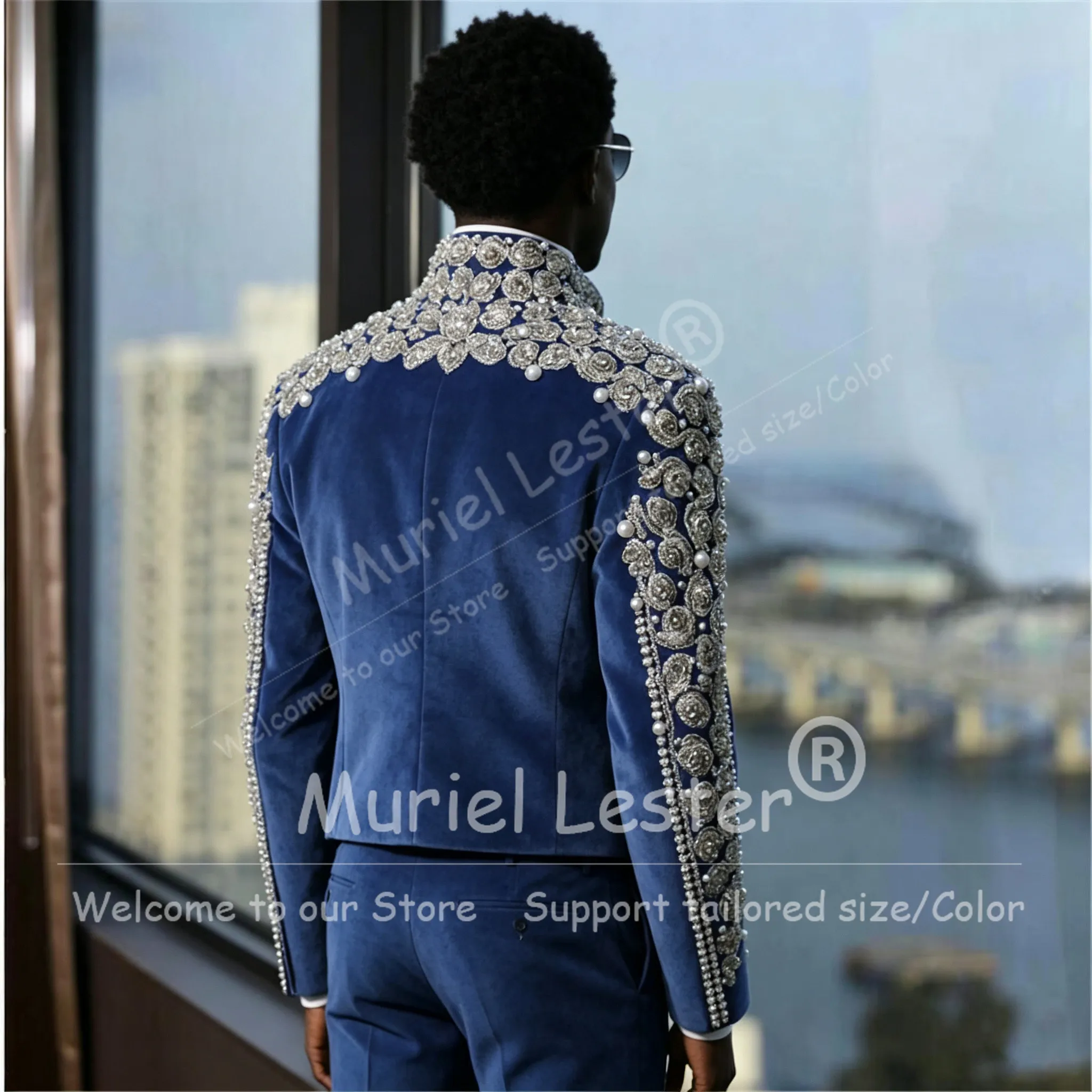 Handmade Short Suit Men Unique Design Sparkly Crystals Beading Velvet Jacket Pants 2 Piece Sets Groom Wear Wedding Tuxedo Attire
