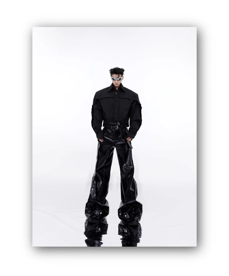 Mauroicardi Spring Autumn Cool Black Shiny Reflective Pu Leather Flare Pants for Men High Quality Trousers Mens Designer Clothes