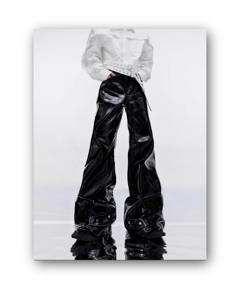 Mauroicardi Spring Autumn Cool Black Shiny Reflective Pu Leather Flare Pants for Men High Quality Trousers Mens Designer Clothes