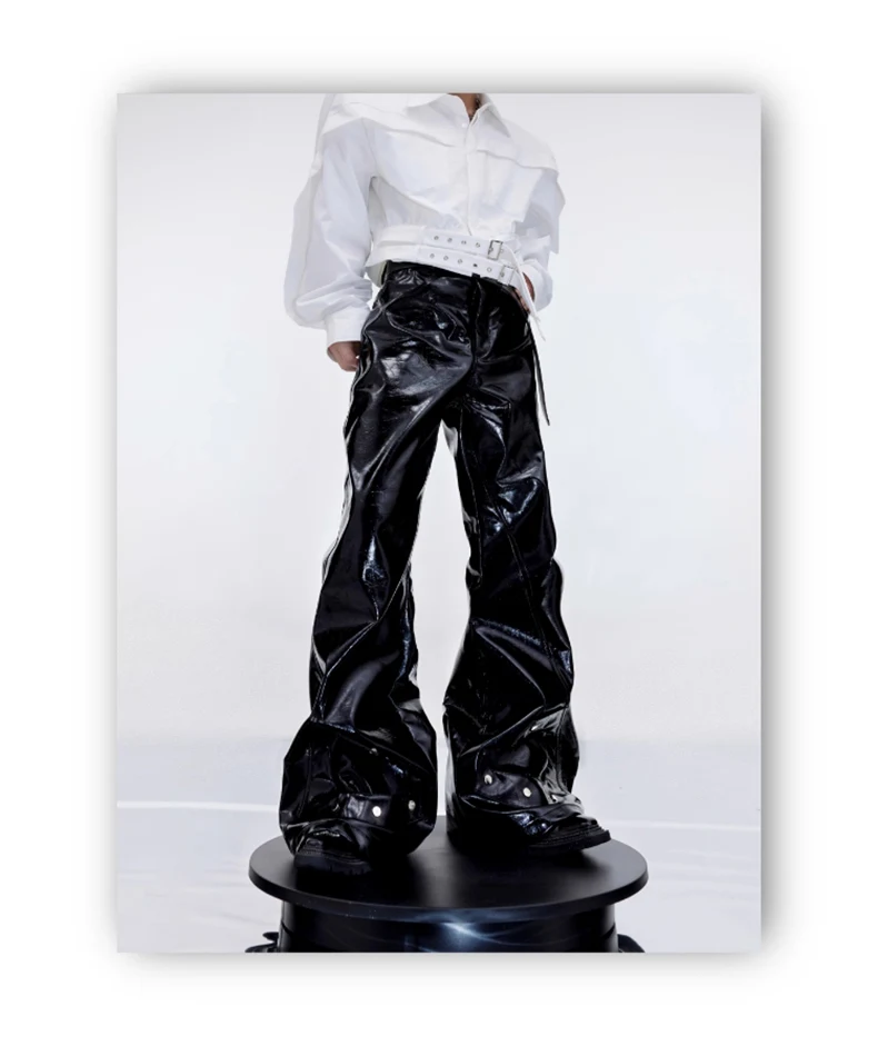 Mauroicardi Spring Autumn Cool Black Shiny Reflective Pu Leather Flare Pants for Men High Quality Trousers Mens Designer Clothes
