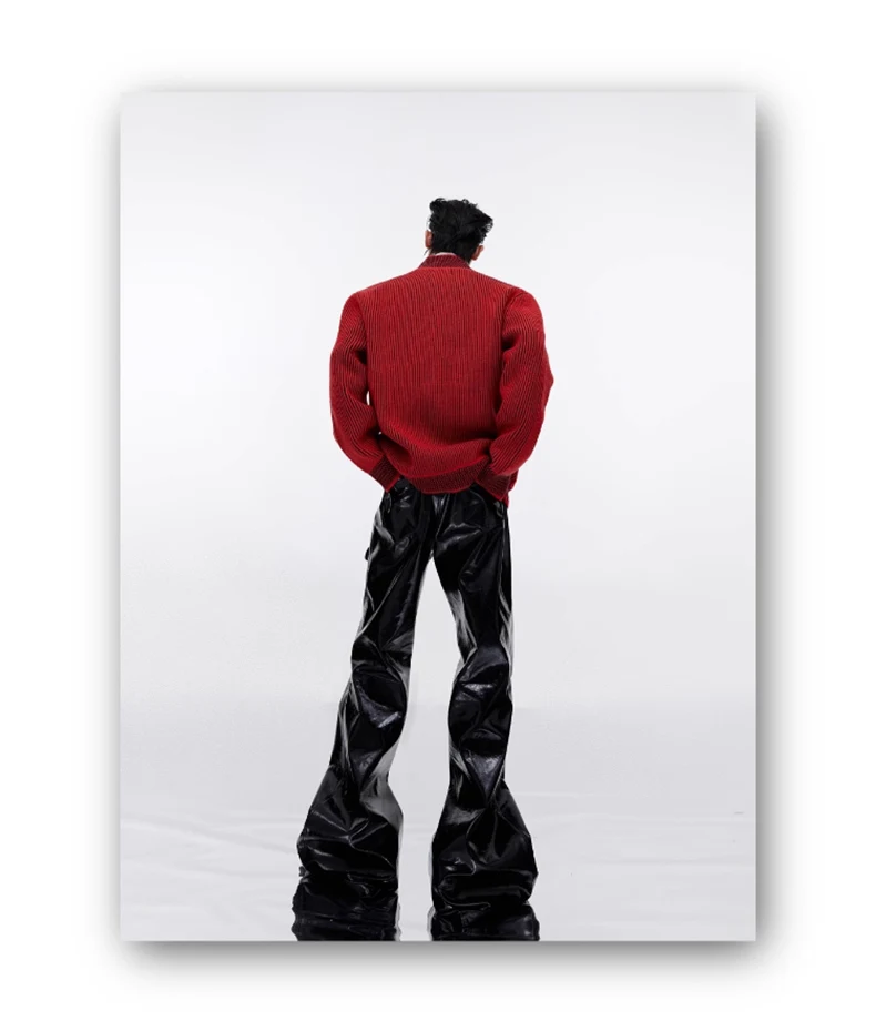 Mauroicardi Spring Autumn Cool Black Shiny Reflective Pu Leather Flare Pants for Men High Quality Trousers Mens Designer Clothes