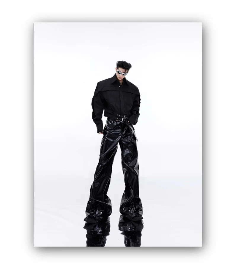 Mauroicardi Spring Autumn Cool Black Shiny Reflective Pu Leather Flare Pants for Men High Quality Trousers Mens Designer Clothes