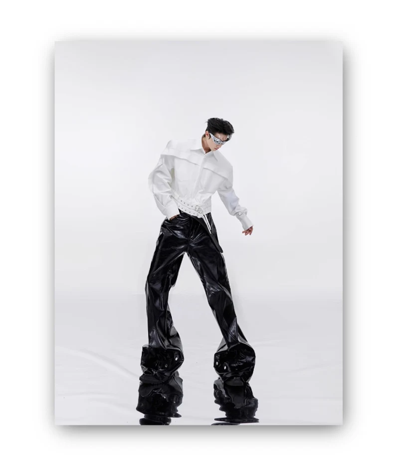 Mauroicardi Spring Autumn Cool Black Shiny Reflective Pu Leather Flare Pants for Men High Quality Trousers Mens Designer Clothes