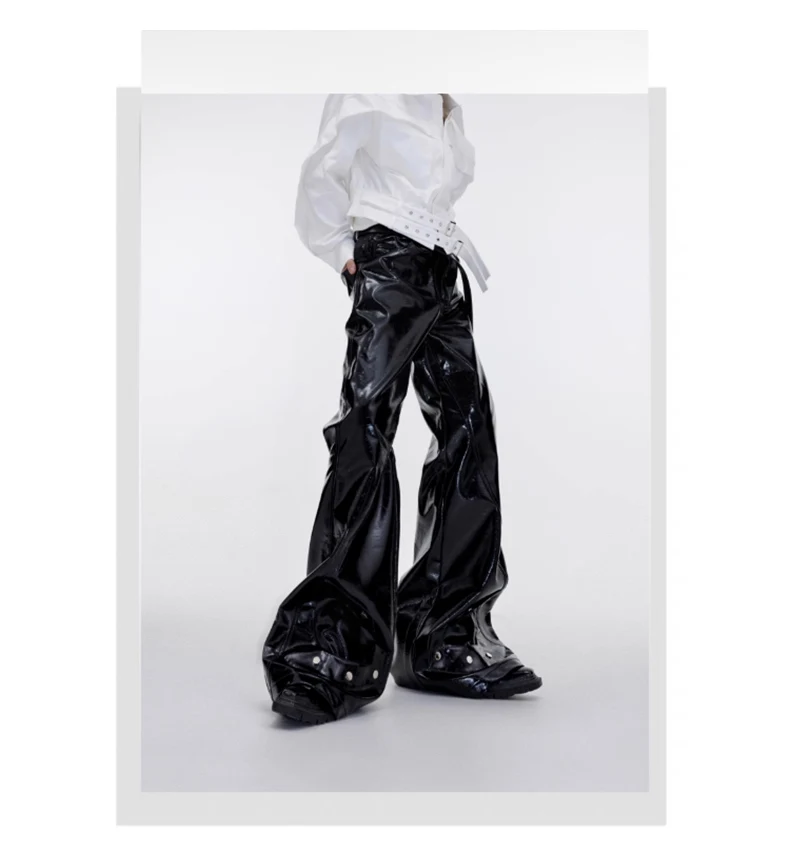 Mauroicardi Spring Autumn Cool Black Shiny Reflective Pu Leather Flare Pants for Men High Quality Trousers Mens Designer Clothes
